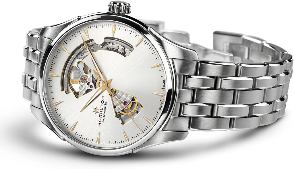 Hamilton Jazzmaster Open Heart Automatic Men's Watch, 40mm Stainless Steel Case, Swiss Made, Silver Dial Analog Wrist Watch, 50m Waterproof, Sapphire Crystal, 3-Hand Movement, Stainless Steel Strap