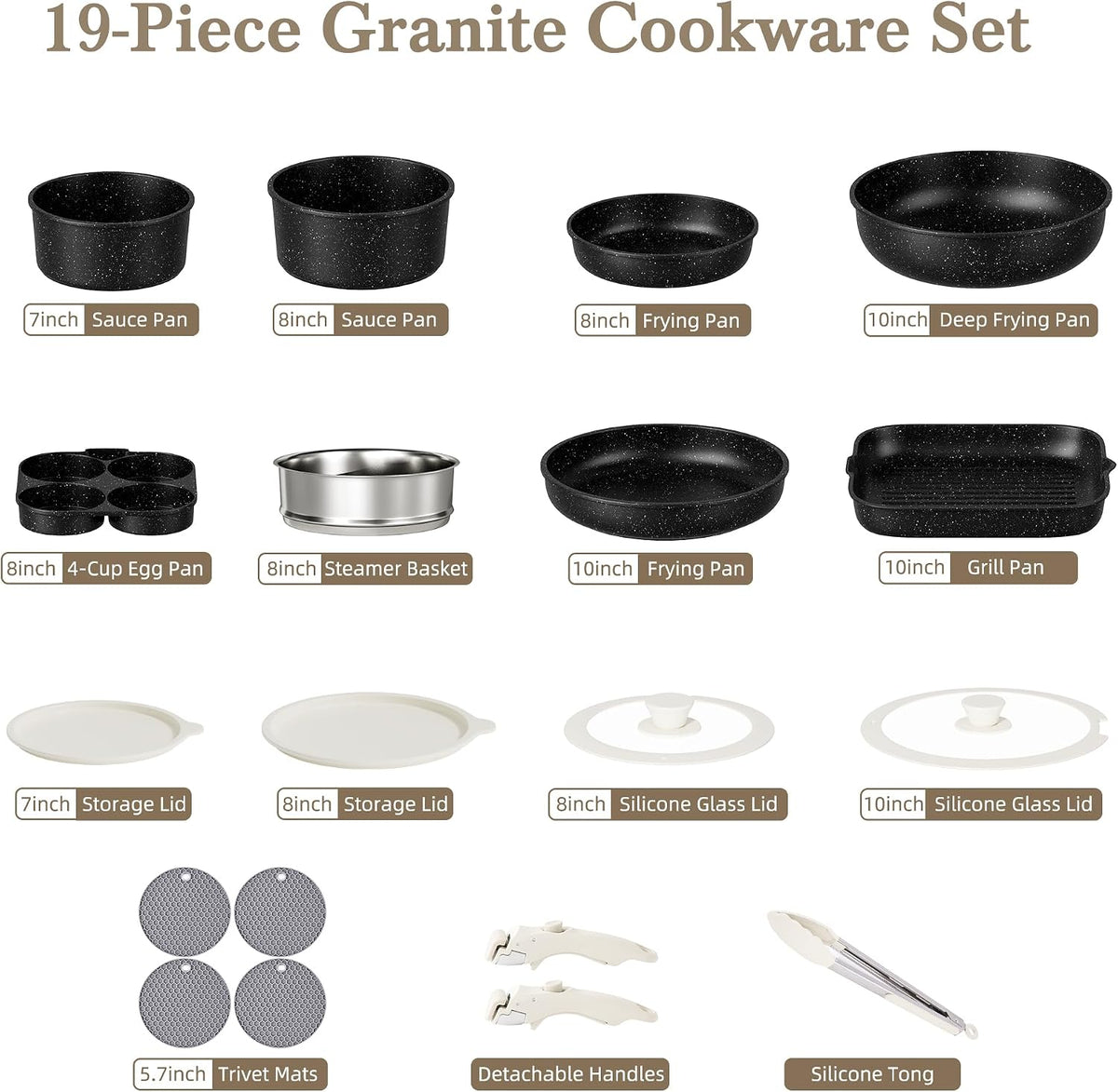 Pots and Pans Set - 19PCS Induction Cookware Set Detachable Handle Nonstick Kitchen Cookware Sets, Non-toxic Non-stick Cooking Set, Pot and Pan Set Removable Handle, Oven & Dishwasher Safe