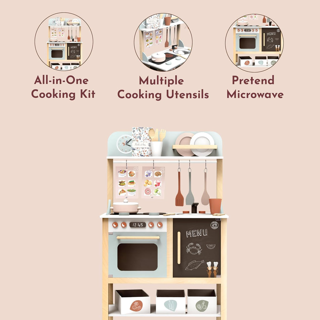 SPEEDY MONKEY Wooden Play Kitchen Set for Pretend Play | 20-Piece Kids Cooking Set with Wooden Food & Cookware Accessories | Supports Imaginative Play & Social Skill Development for Kids Ages 3+