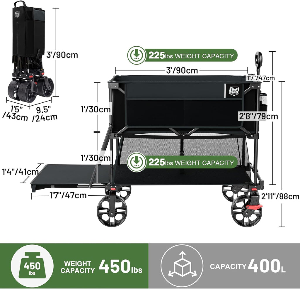 TIMBER RIDGE 400L Large Capacity Folding Double Decker Wagon with Brakes, 54' Extra Long Extender Wagon Cart, 450lbs Heavy Duty Collapsible Cart, All-Terrain Big Wheels for Camping, Sports, Shopping