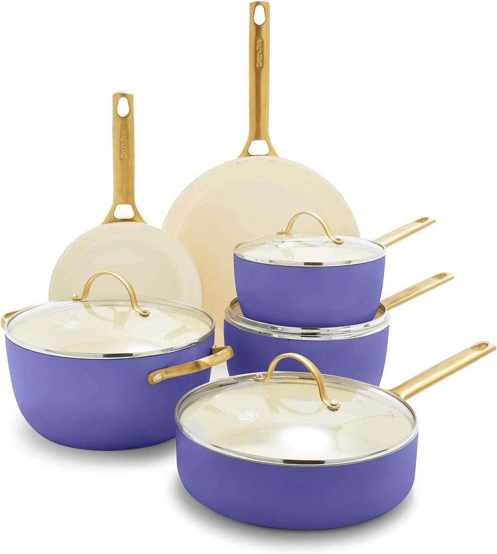 GreenPan Hard Anodized Healthy Ceramic Nonstick 10 Piece Cookware Pots and Pans Set, Gold Handle, PFAS-Free, Dishwasher Safe, Oven Safe, Periwinkle