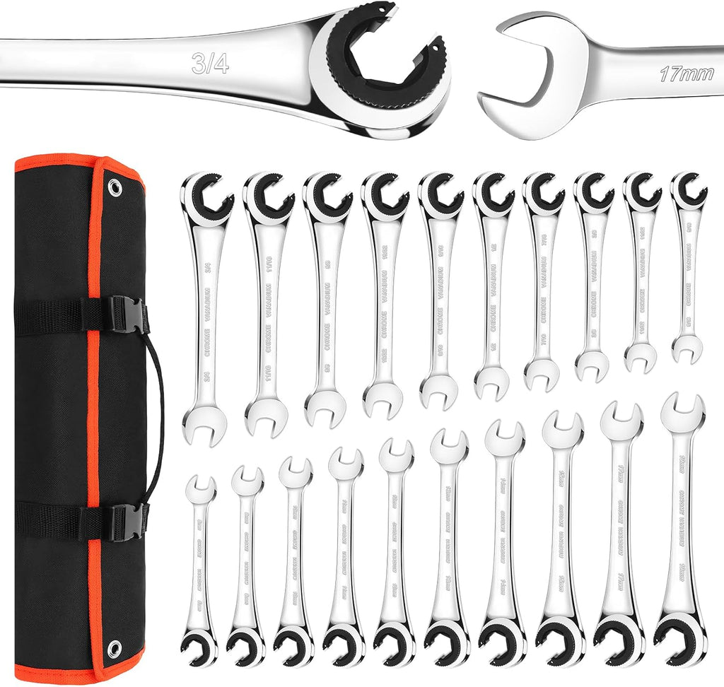 LOSCHEN Metric and SAE 20PCS Ratcheting Combination Wrench Set, Spanner Set with Open End, CR-V Steel Ratcheting Tubing Wrench Set with 72-Tooth Gear