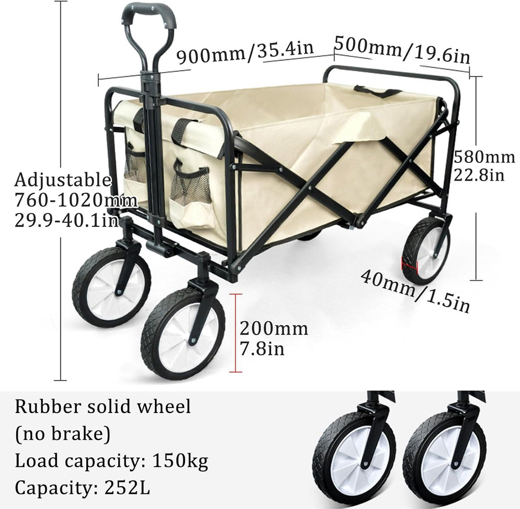 Collapsible Wagon Garden Cart,Folding Garden Carts,Beach Wagon Grocery Wagon All-Terrain Wagon Sports Beach Wagon Cart Rubber Wheel Universal Wheel Camping Cart with Folding Panels,(b) beige