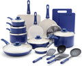 GreenLife Soft Grip 23 Piece Kitchen Cookware Pots and Frying Saucepans Set, Healthy Ceramic Nonstick PFAS and PFOA-Free, Dishwasher and Oven Safe, Even Heating, Easy Clean, Warp Control, Blue