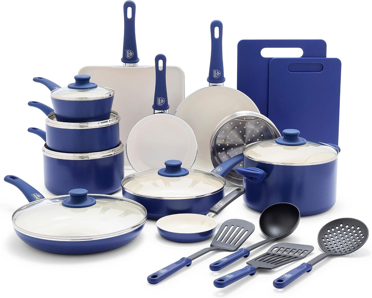 GreenLife Soft Grip 23 Piece Kitchen Cookware Pots and Frying Saucepans Set, Healthy Ceramic Nonstick PFAS and PFOA-Free, Dishwasher and Oven Safe, Even Heating, Easy Clean, Warp Control, Blue