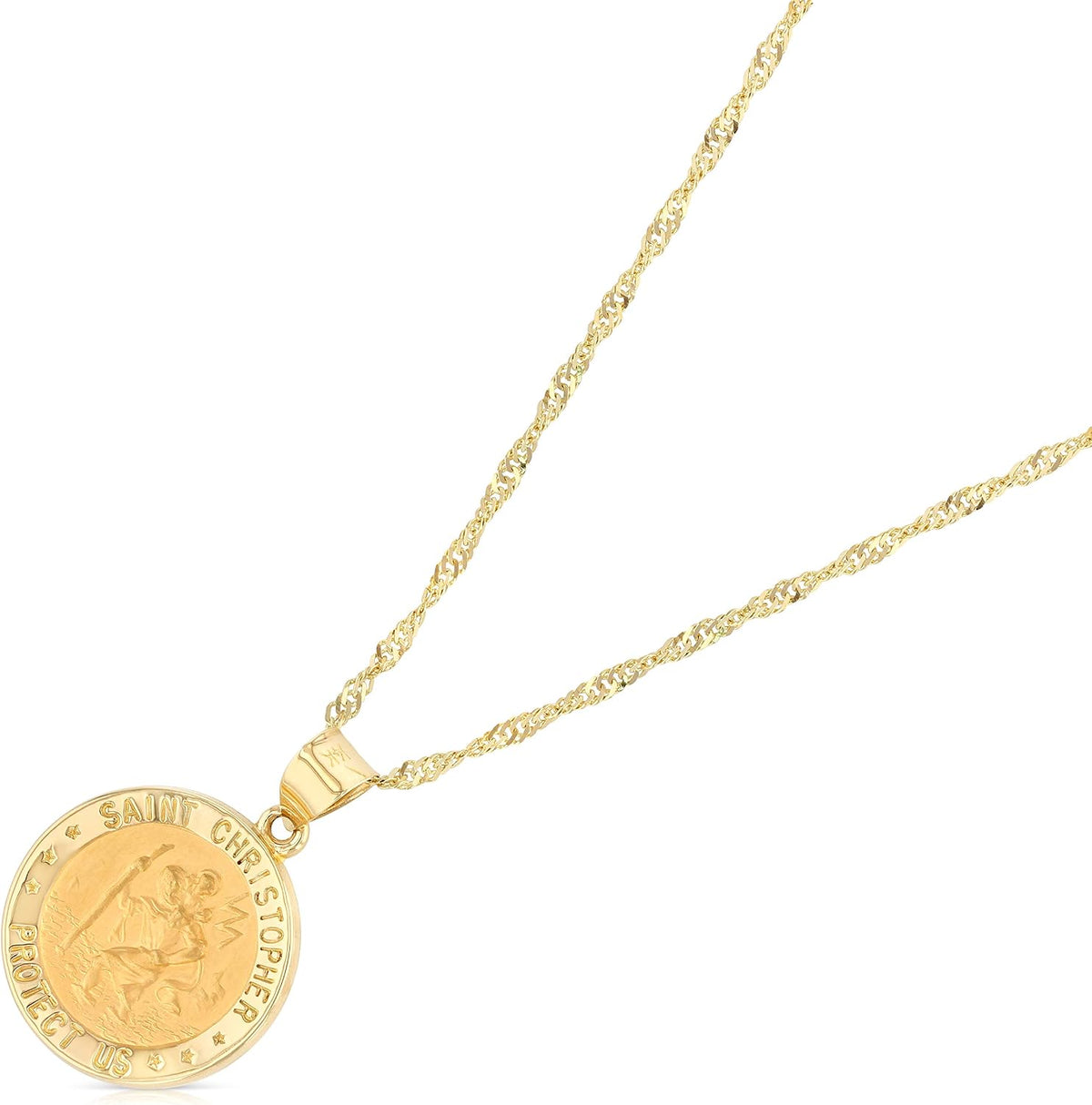 14K Yellow Gold Protect Us St. Christopher Medal Pendant Necklace with 1.5mm Singapore Chain
