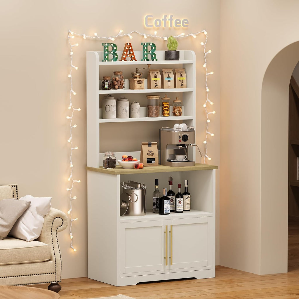 Bakers Rack with Storage Cabinet, Farmhouse Microwave Stand with Power Outlets, Small Kitchen Bakers Rack with Thick Table Top, Coffee Bar Station for Dining Room, White & Peer Wood