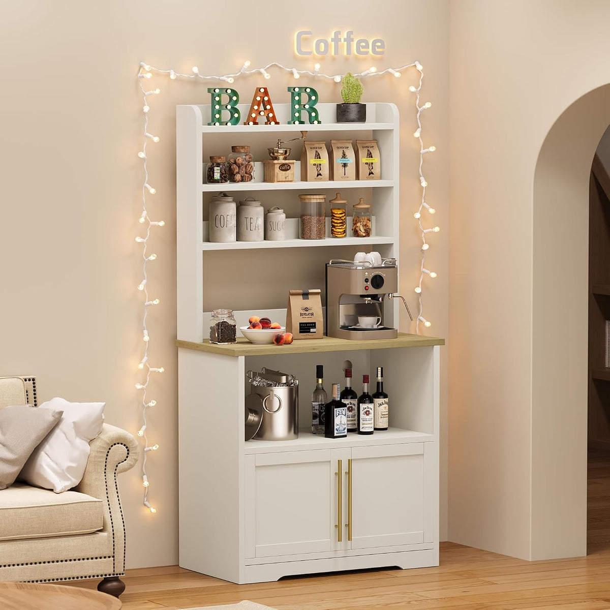 Bakers Rack with Storage Cabinet, Farmhouse Microwave Stand with Power Outlets, Small Kitchen Bakers Rack with Thick Table Top, Coffee Bar Station for Dining Room, White & Peer Wood
