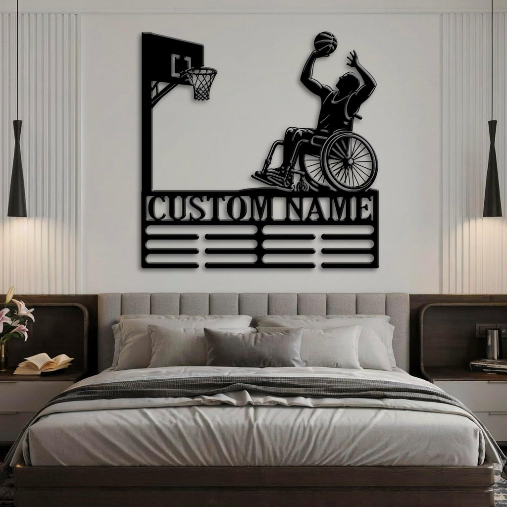 Custom Wheelchair Basketball Medal Holder LED Light, Wheelchair Basketball Player Name Medal Hanger Display, Rack For Tiered Award Ribbon, Metal Sign Gift For Athlete