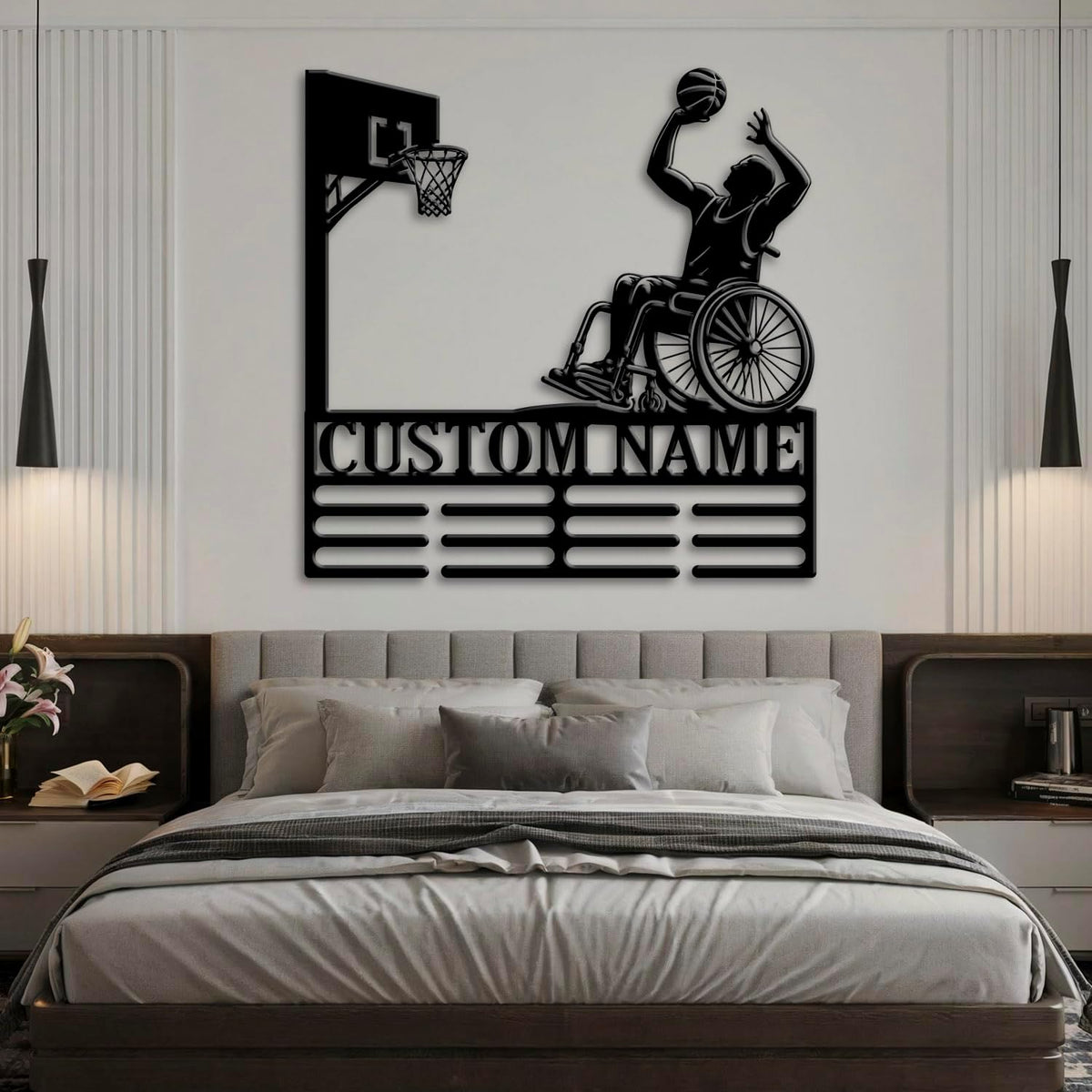 Custom Wheelchair Basketball Medal Holder LED Light, Wheelchair Basketball Player Name Medal Hanger Display, Rack For Tiered Award Ribbon, Metal Sign Gift For Athlete