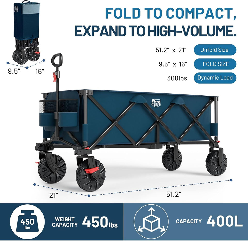 Timber Ridge 51.2' Extended Collapsible Wagon - Heavy-Duty Utility Cart with All-Terrain Wheels, Brakes & Cargo Net, 400L Capacity for Camping, Sports & Shopping, Blue