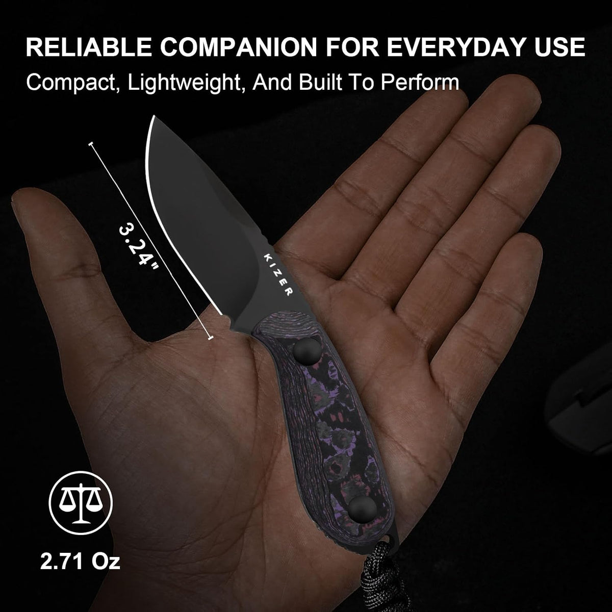 Kizer Buddy Fixed Blade Knife, 3' 4V Blade Camping Knife with Purple Fat Carbon Purple Haze Handle, Compact EDC Fixed Blade Knives with Sheath for Hiking Hunting Survival 1081A10