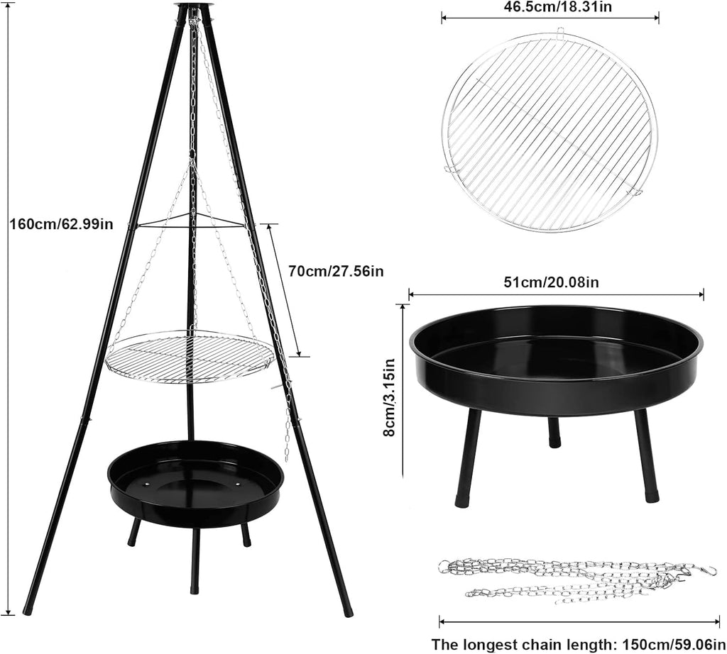 LDIW Camping Tripod Grilling Set with Black Fire Pit, Cooking Grill with Adjustable Hang Chain for Outdoor Picnic Camping Cookware Accessory