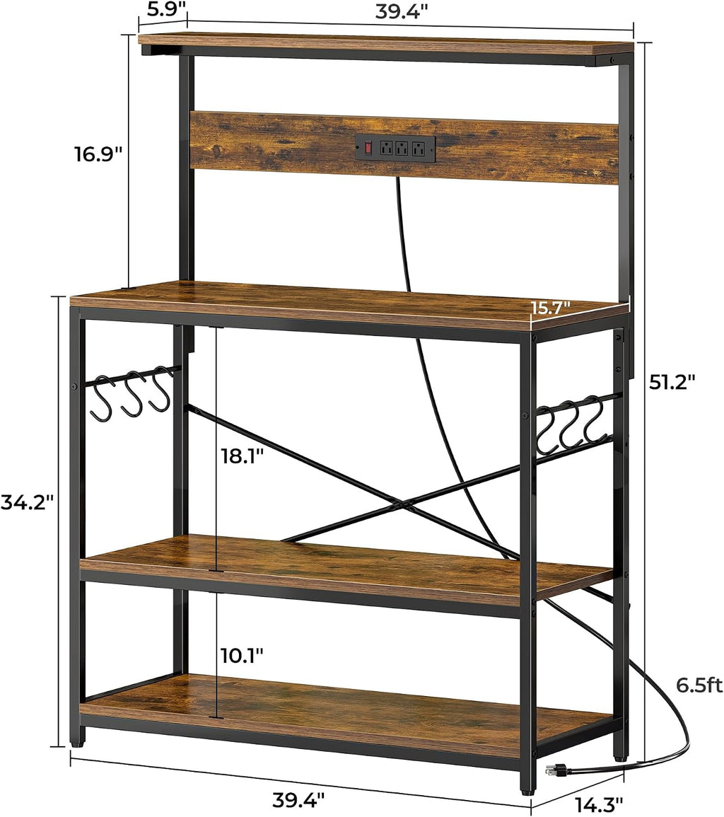 SUPERJARE Bakers Rack with Power Outlets, Microwave Stand, 39.4 X 14.3 Inch Larger Desktop, Kitchen Storage Rack with Adjustable Middle Shelf, 6 S-Shaped Hooks, Coffee Bar Stand, Rustic Brown