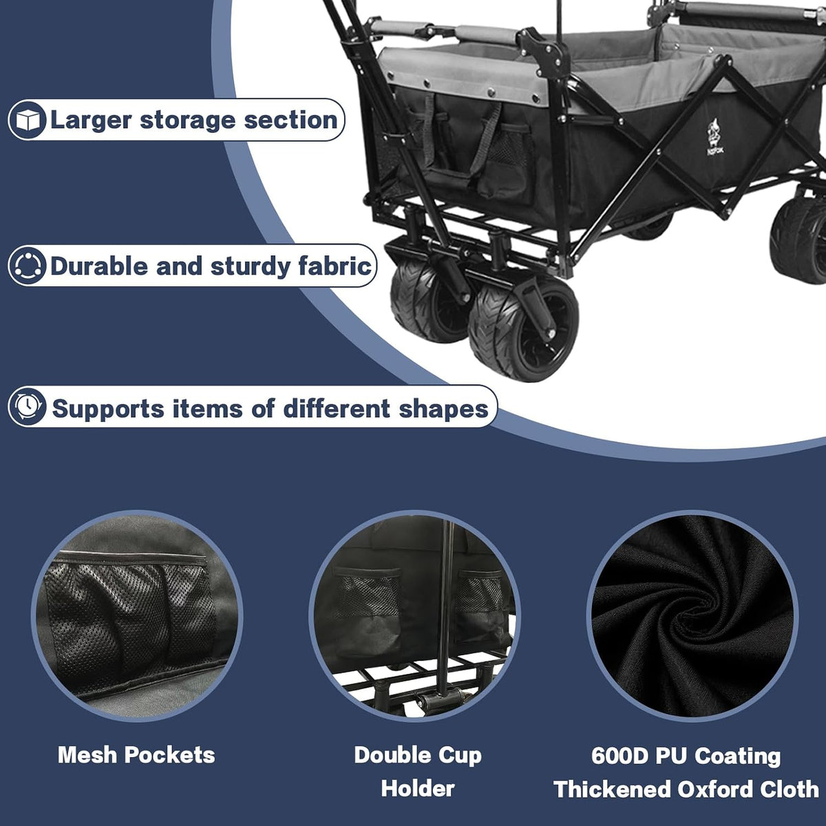 Collapsible Wagon Cart with Removable Canopy, Heavy Duty Foldable Wagon with 4' Large All Terrain Wheels, Brake, Cooler Bag, Adjustable Handles for Garden Beach Sports (Black Gray)