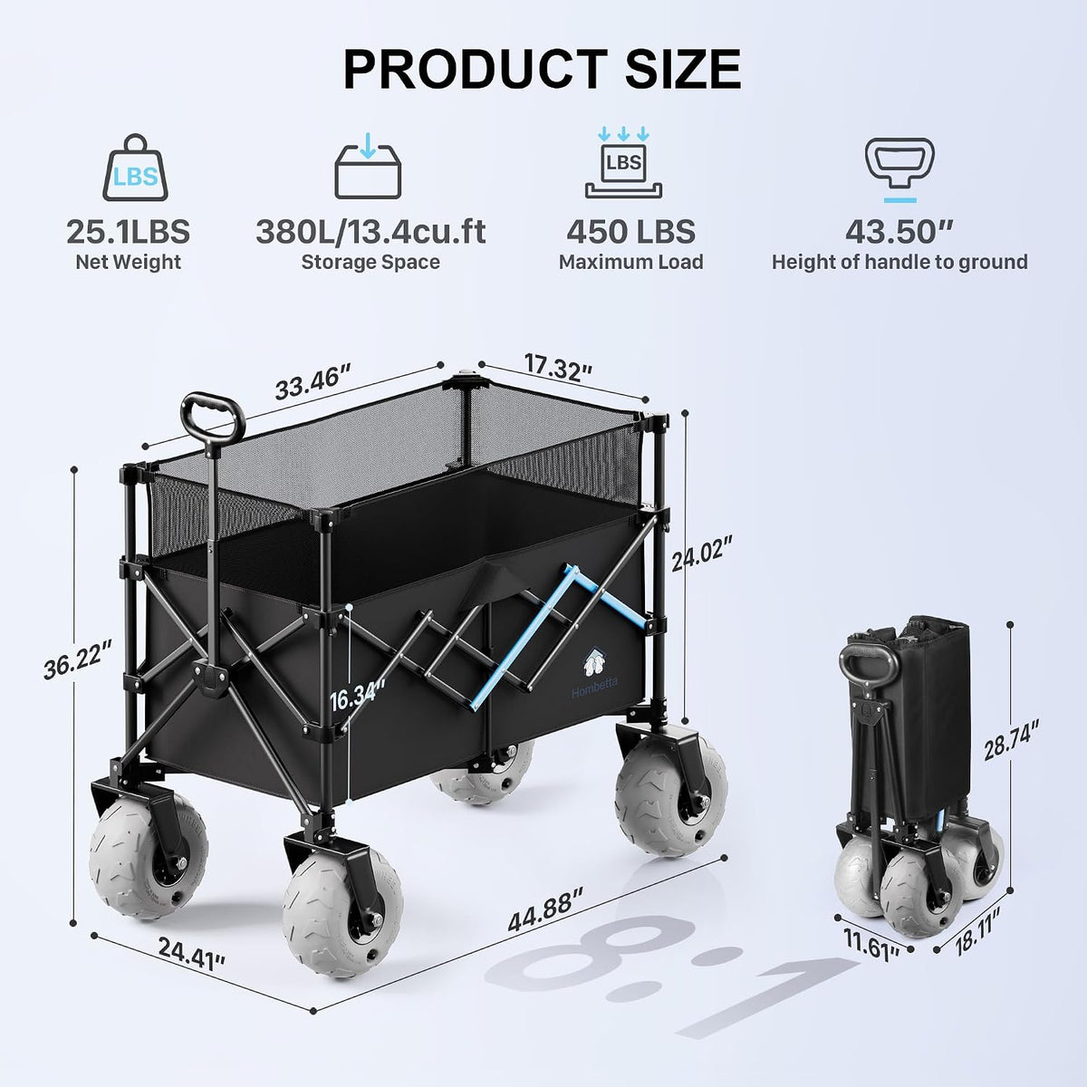 Beach Wagon with Big Wheels for Sand, 450LBS Heavy Duty Foldable Collapsible Wagons Carts with 9' All Terrain Inflatable Tires, Adjustable Capacity 200L–380L for Groceries, Camping, Sports