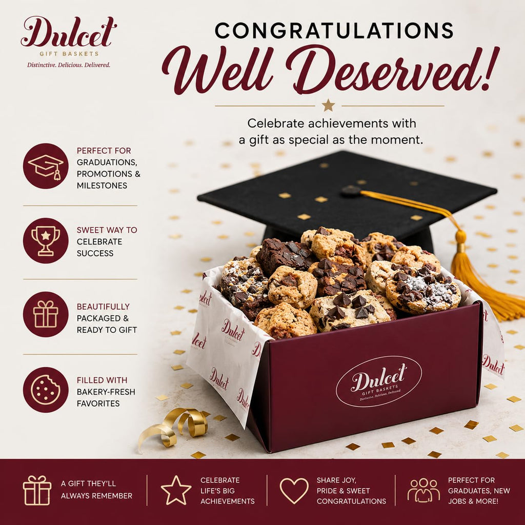Dulcet Thank You & Congratulations Gift Basket – Gourmet Food Gift Basket with Fresh Brownies, Cookies & Pastries – Appreciation Gifts for Teachers, Students, Employees, Co-Workers, Friends & Family