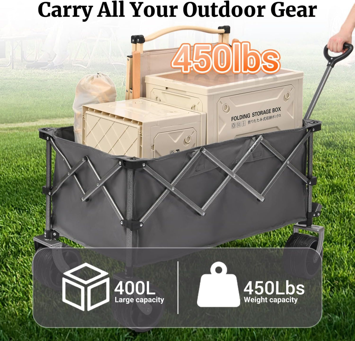 Portable 400L Collapsible Wagon Grey Large Capacity Camping, Sports, Garden, Baseball Versatile Utility