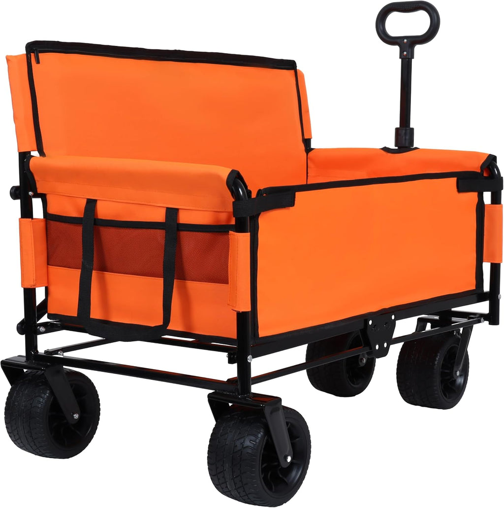 3-in-1 Convertible Folding Wagon Cart with Bench Seat & 180L Storage - 500lbs Heavy-Duty All-Terrain Wagon for Camping, Beach, Sports & Garden Use (Orange)