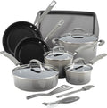 Rachael Ray Cookware Classic Brights Hard Enamel Aluminum Nonstick Cookware Set, 14-Piece, Sea Salt Gray