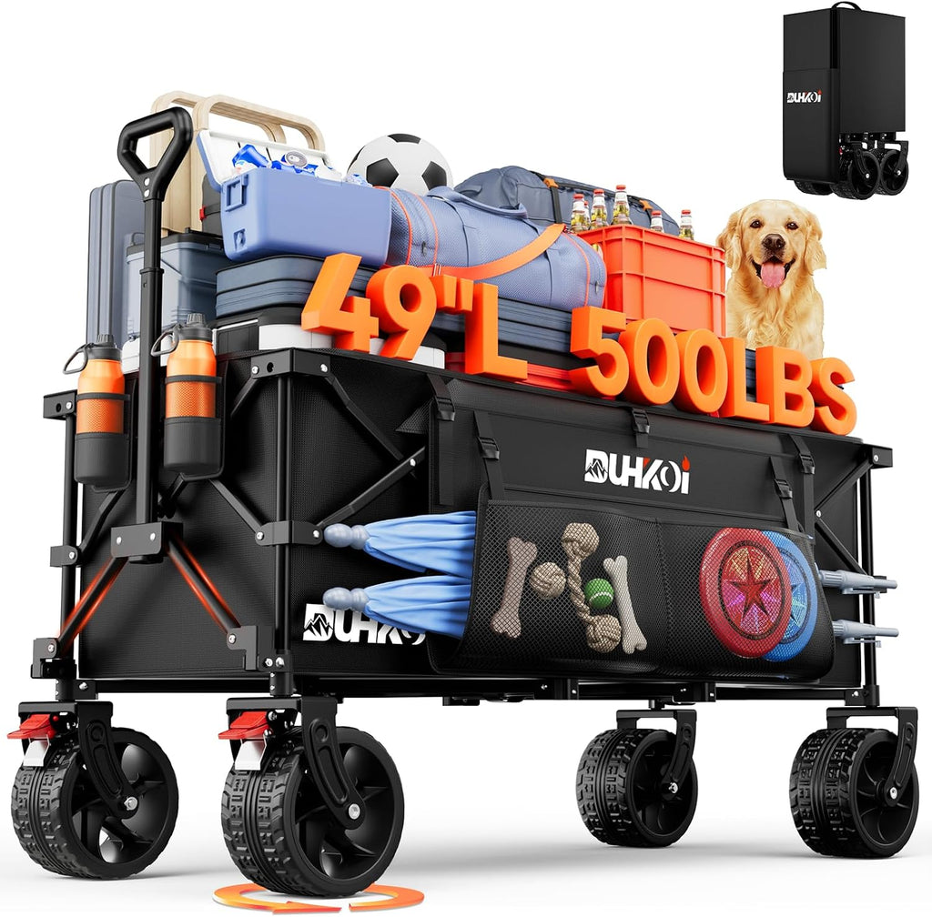 49' L Collapsible Extended Wagon with 500lbs Weight Capacity,300L Heavy Duty Sports Wagon,Big All-Terrian Wheels with Cup Holders,Cart for Sports,Grocery,Shopping