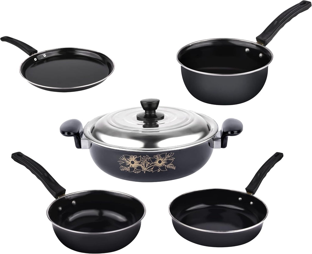 5 Piece Kitchen Accessories Set | Non Stick Induction Friendly Cookware | Kadai with Lid , Fry Pan , Tawa , Sauce & Tadka Pan | Ceramic Hard Anodized | Cast Iron Utensils