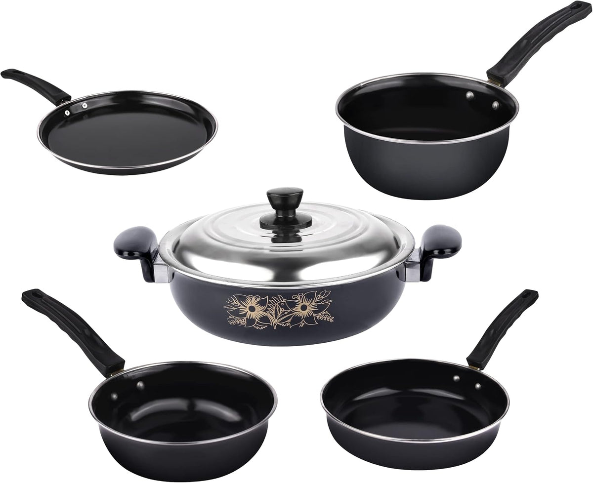 5 Piece Kitchen Accessories Set | Non Stick Induction Friendly Cookware | Kadai with Lid , Fry Pan , Tawa , Sauce & Tadka Pan | Ceramic Hard Anodized | Cast Iron Utensils