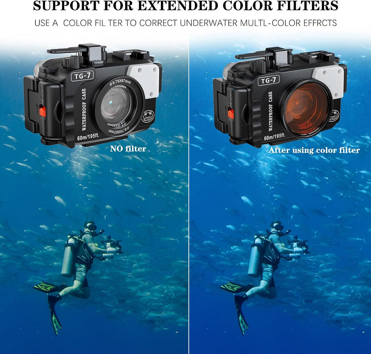 TG-7 Underwater Camera Housing Case, 60m/195ft Waterproof, PC Material with O-Ring Seal, Compatible with Olympus OM System Tough TG-7 (Black)