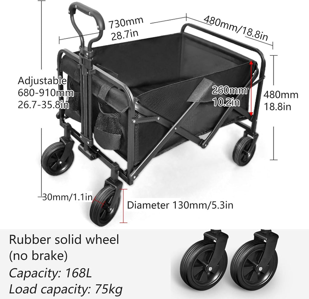 Garden Carts,Collapsible Wagon,Sports Outdoor Utility Wagon Folding Garden Wagon Sports Steel Frame Foldable Yard Car with Side Pockets and Rubber Wheel Camping Cart 75Kg Load