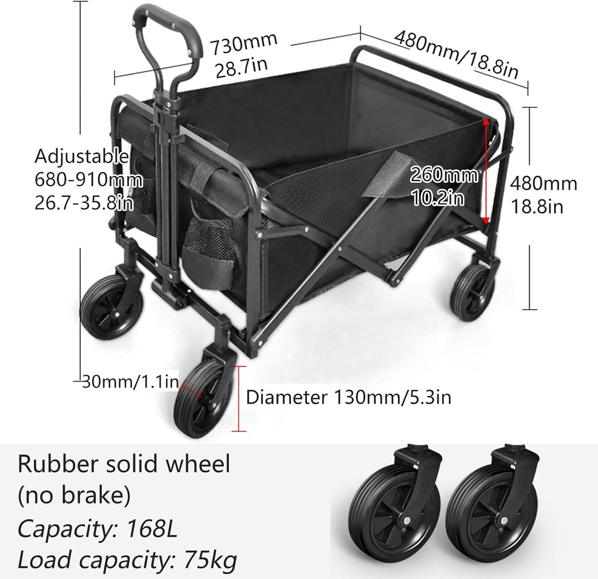 Garden Carts,Collapsible Wagon,Sports Outdoor Utility Wagon Folding Garden Wagon Sports Steel Frame Foldable Yard Car with Side Pockets and Rubber Wheel Camping Cart 75Kg Load