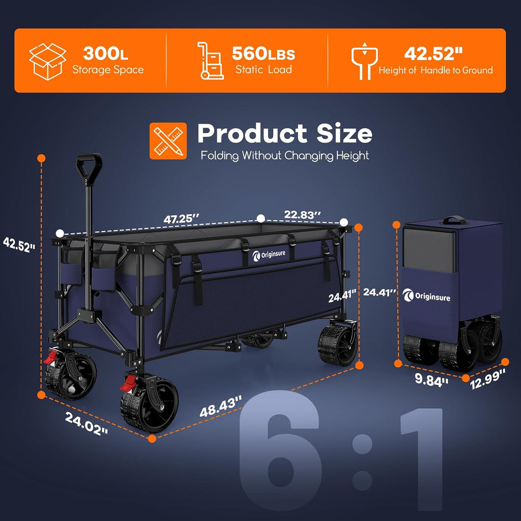 Originsure 48' L Collapsible Wagon Cart Foldable, 560lbs Weight Capacity 300L Heavy Duty Folding Beach Wagons with Big All-Terrain Wheels, Utility Carts for Groceries, Camping, Sports - Grey&Purple