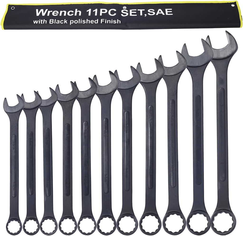 11PC Jumbo Combination Wrench Set, SAE, 1-5/16'' to 2 inch, Extra Large Combination Wrench Sets, Black Oxide Finish with Pouch (11PC-SAE)