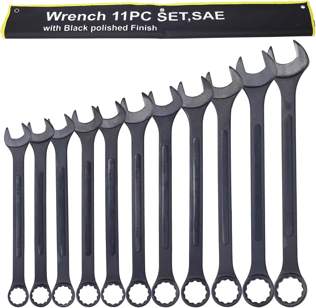 11PC Jumbo Combination Wrench Set, SAE, 1-5/16'' to 2 inch, Extra Large Combination Wrench Sets, Black Oxide Finish with Pouch (11PC-SAE)