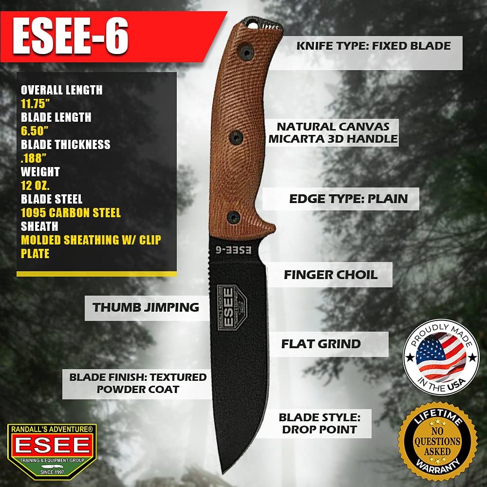 ESEE-6 1095 Carbon Steel, Black Sheath (Black Blade, Natural Canvas Micarta 3D Handle)