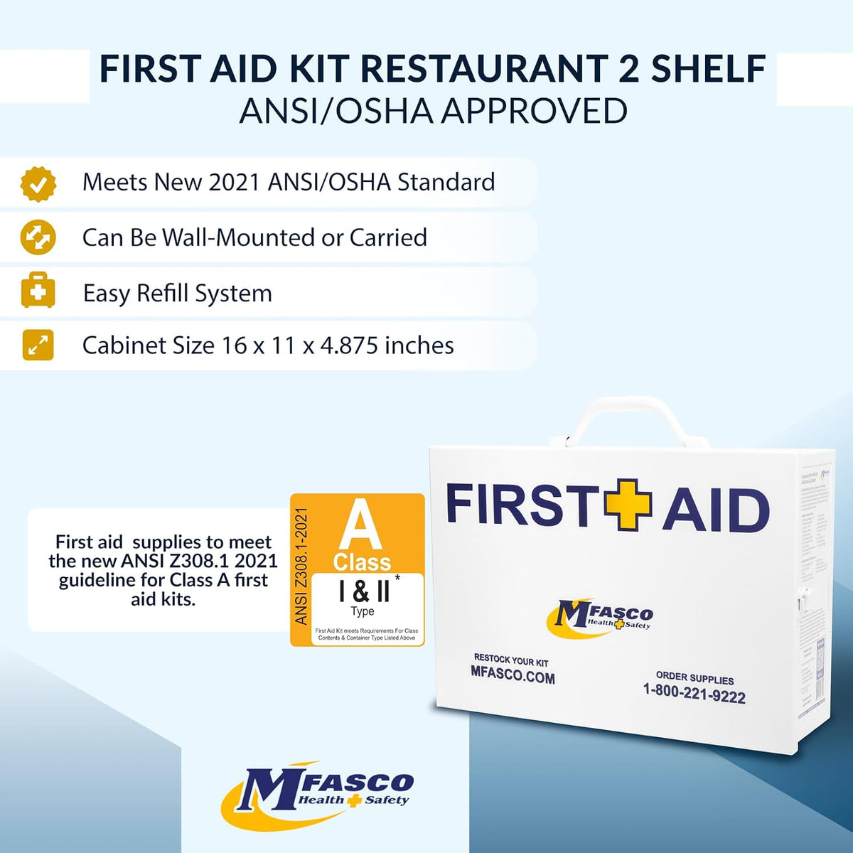MFASCO Restaurant First Aid Kit - 2 Shelf Metal Cabinet, OSHA 2021 Class A - Catering, Food Service Areas, Food Trucks - Metal First Aid Cabinet Wall Mount for Businesses - Burn Care & Blue Bandages