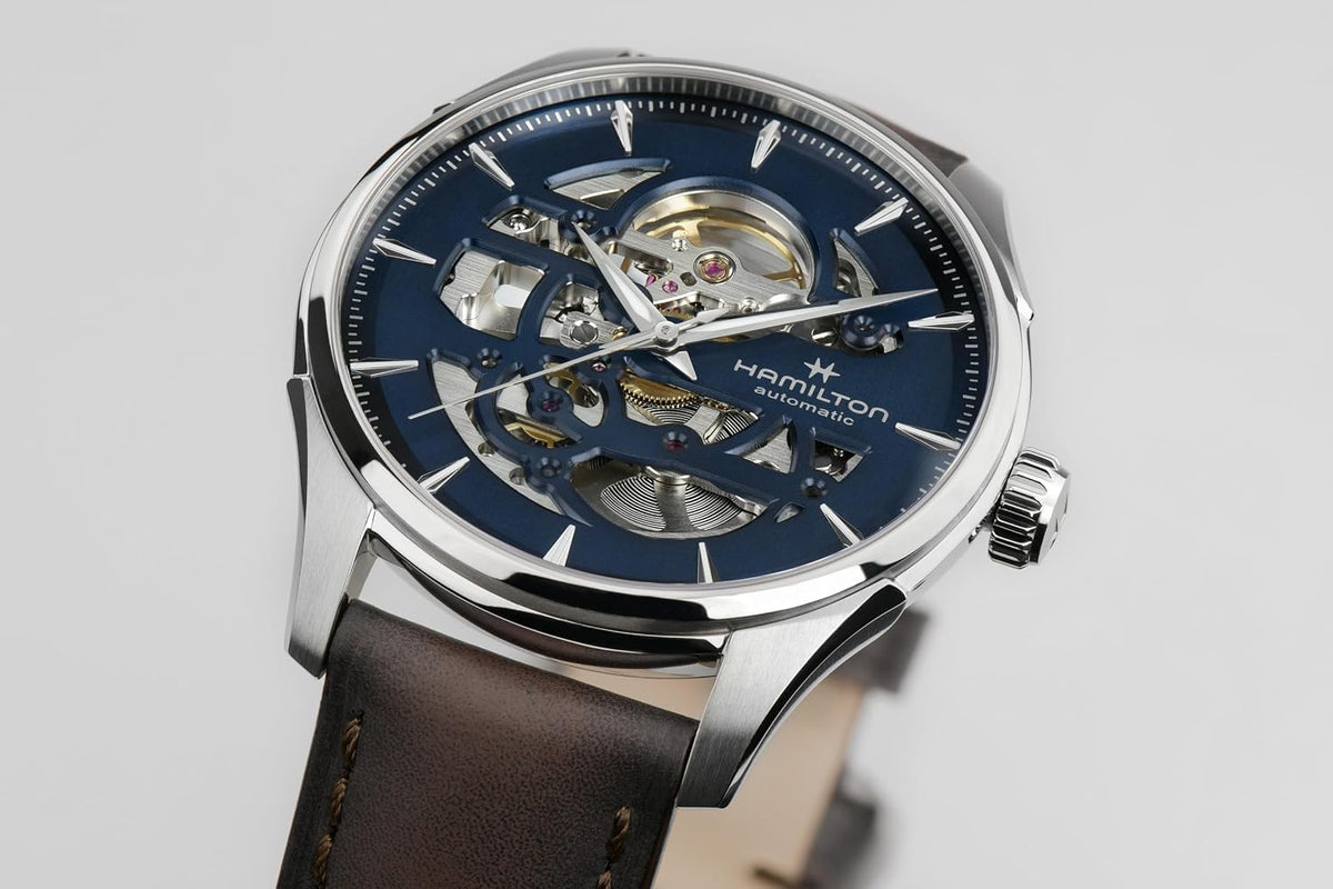 Hamilton Jazzmaster Skeleton Automatic Men's Watch, 40mm Stainless Steel Case, Swiss Made, Blue Dial Analog Wrist Watch for Men, 50m Waterproof, Sapphire Crystal, 3-Hand Movement, Cow Leather Strap