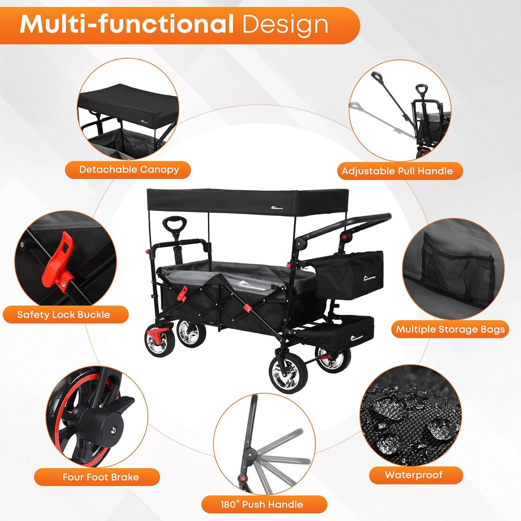 Wagon Stroller with Canopy,330lbs Cart, Collapsible Foldable Garden Cart- with Adjustable Push Pulling Handles Outdoor Utility Wagon for Beach Garden Camping, Black