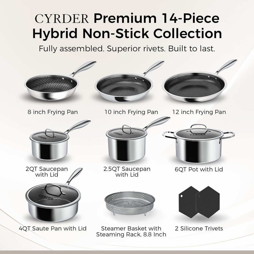 Nonstick Pots and Pans Set, 14 Piece Hybrid Hex Stainless Steel Cookware Set for Everyday Cooking, Includes Frying Pans, Saute Pan, Saucepans&Pot, Induction Compatible, Dishwasher&Oven Safe, PFOA Free
