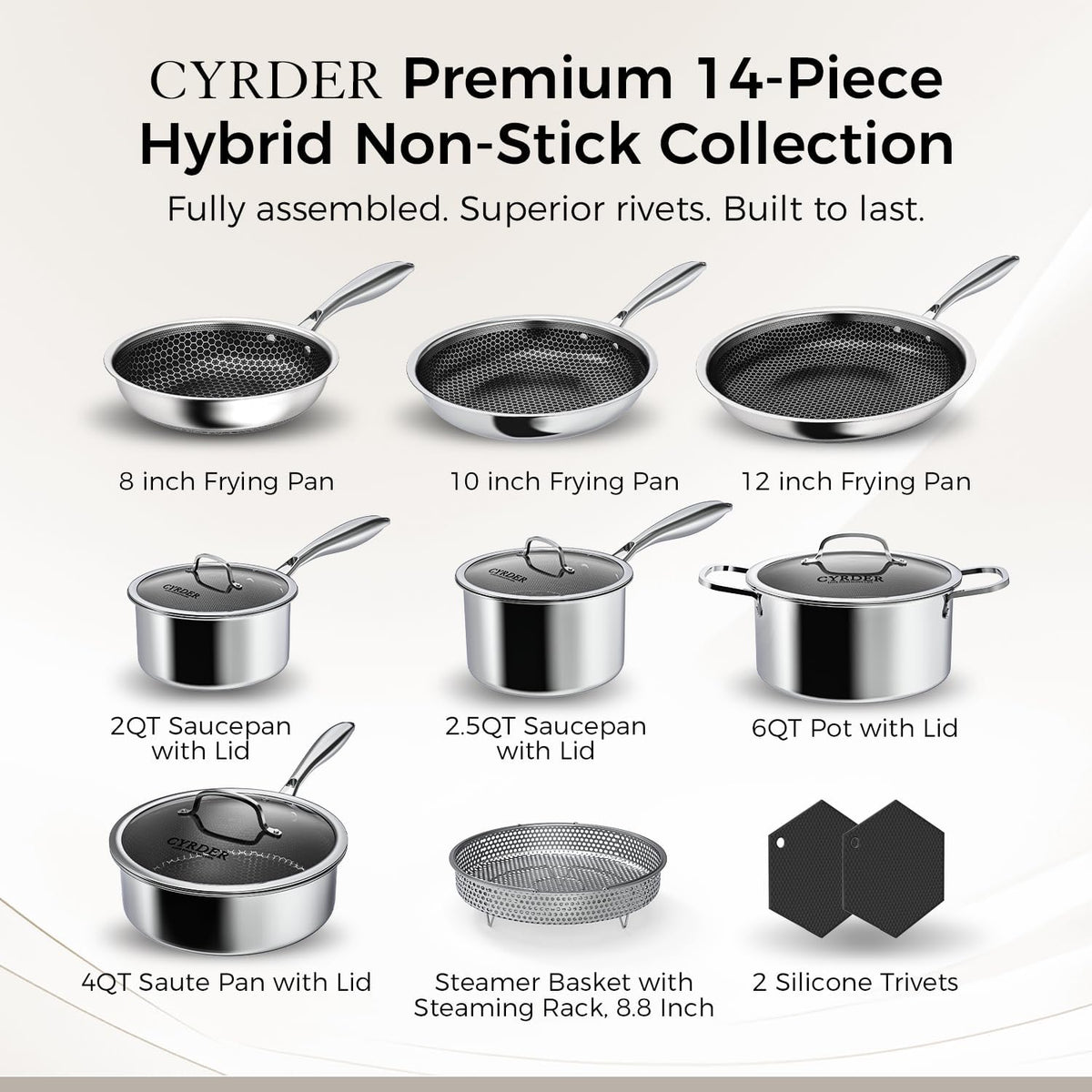 Nonstick Pots and Pans Set, 14 Piece Hybrid Hex Stainless Steel Cookware Set for Everyday Cooking, Includes Frying Pans, Saute Pan, Saucepans&Pot, Induction Compatible, Dishwasher&Oven Safe, PFOA Free