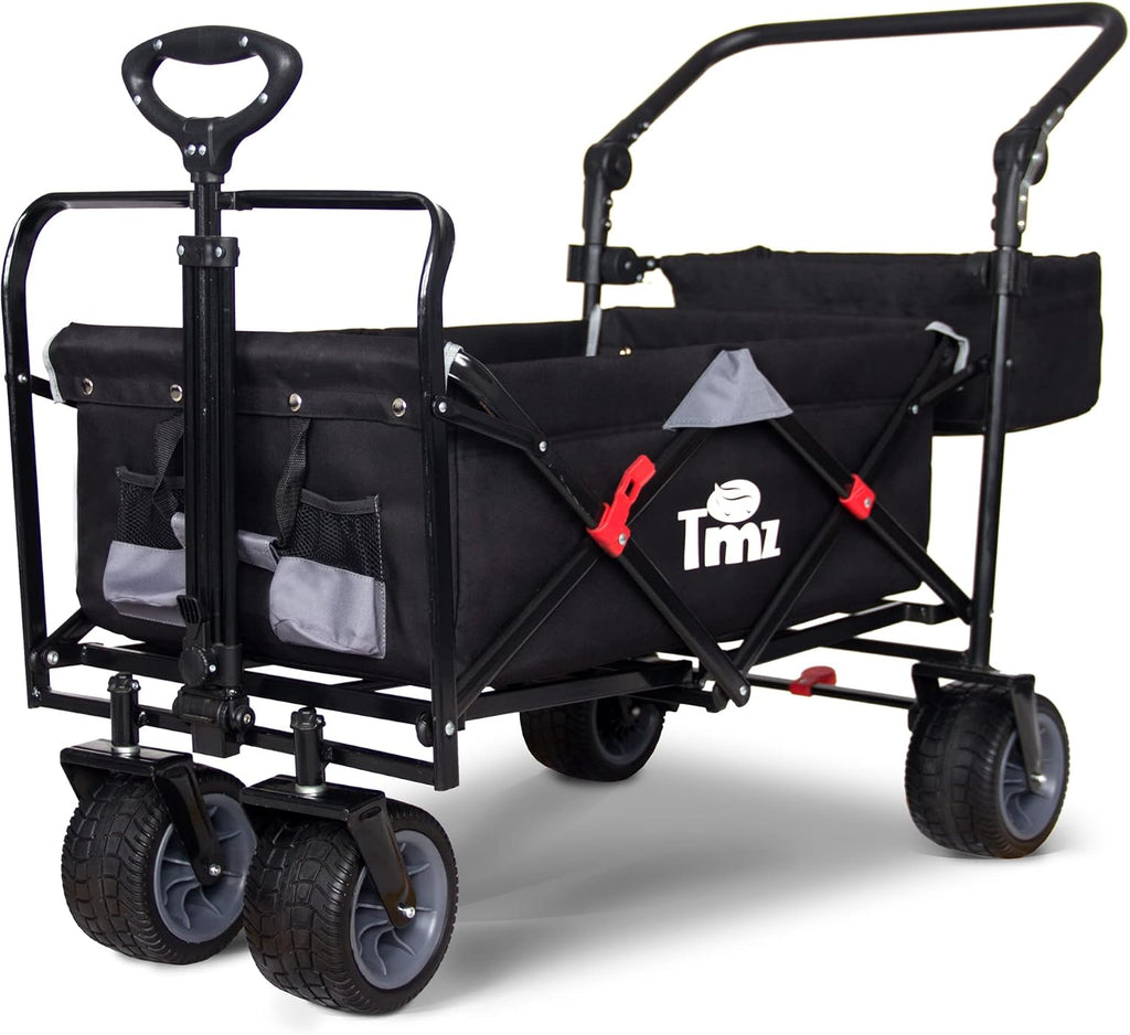 TMZ All Terrain Utility Folding Wagon, Collapsible Garden Cart, Heavy Duty Beach Wagon, for Shopping, Camping, and Outdoor Activities with Push Handle and Brake (Black/Grey)
