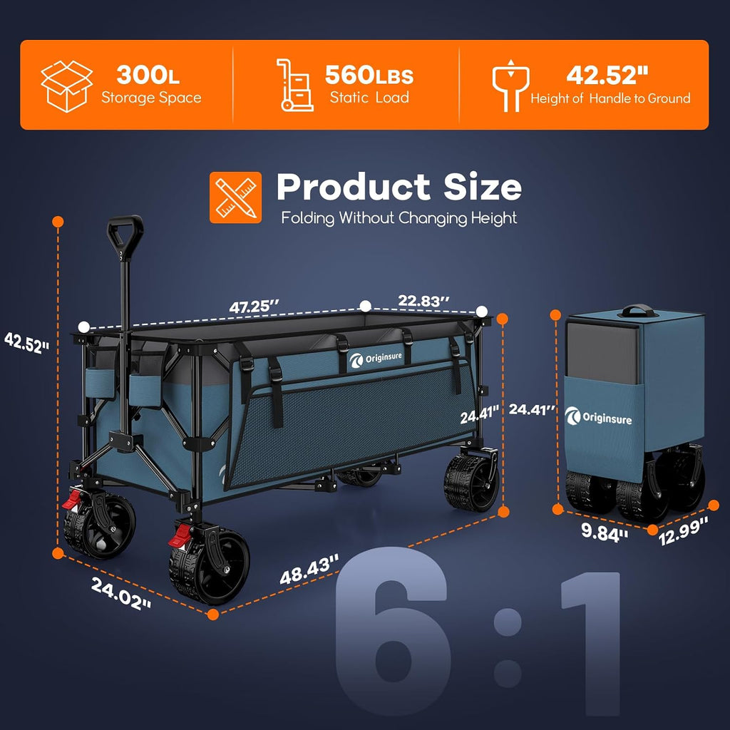 48' L Folding Beach Wagon Cart Foldable, 560lbs Weight Capacity 300L Heavy Duty Collapsible Wagons with Big All-Terrain Wheels, Utility Carts for Groceries, Shopping, Camping, Sports - Grey&Blue