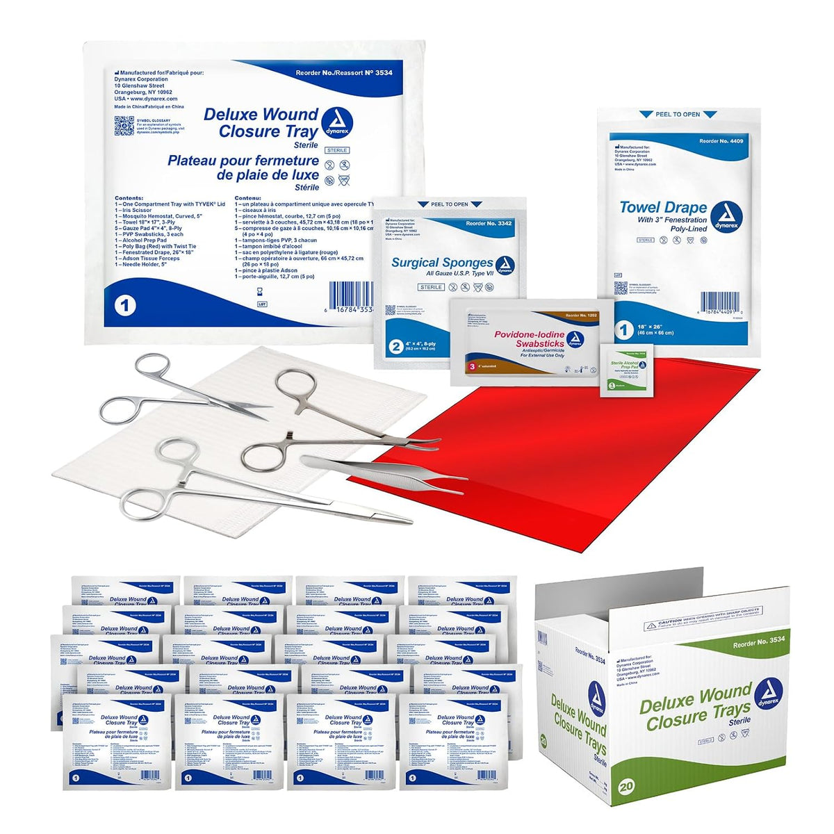 Dynarex Deluxe Wound Closure Trays - Sterile Wound Care Kit, Emergency Supplies with Scissor, Swabs, Gauze Pads, Towel, Prep Pad, Poly Bag - Case of 20 Trays