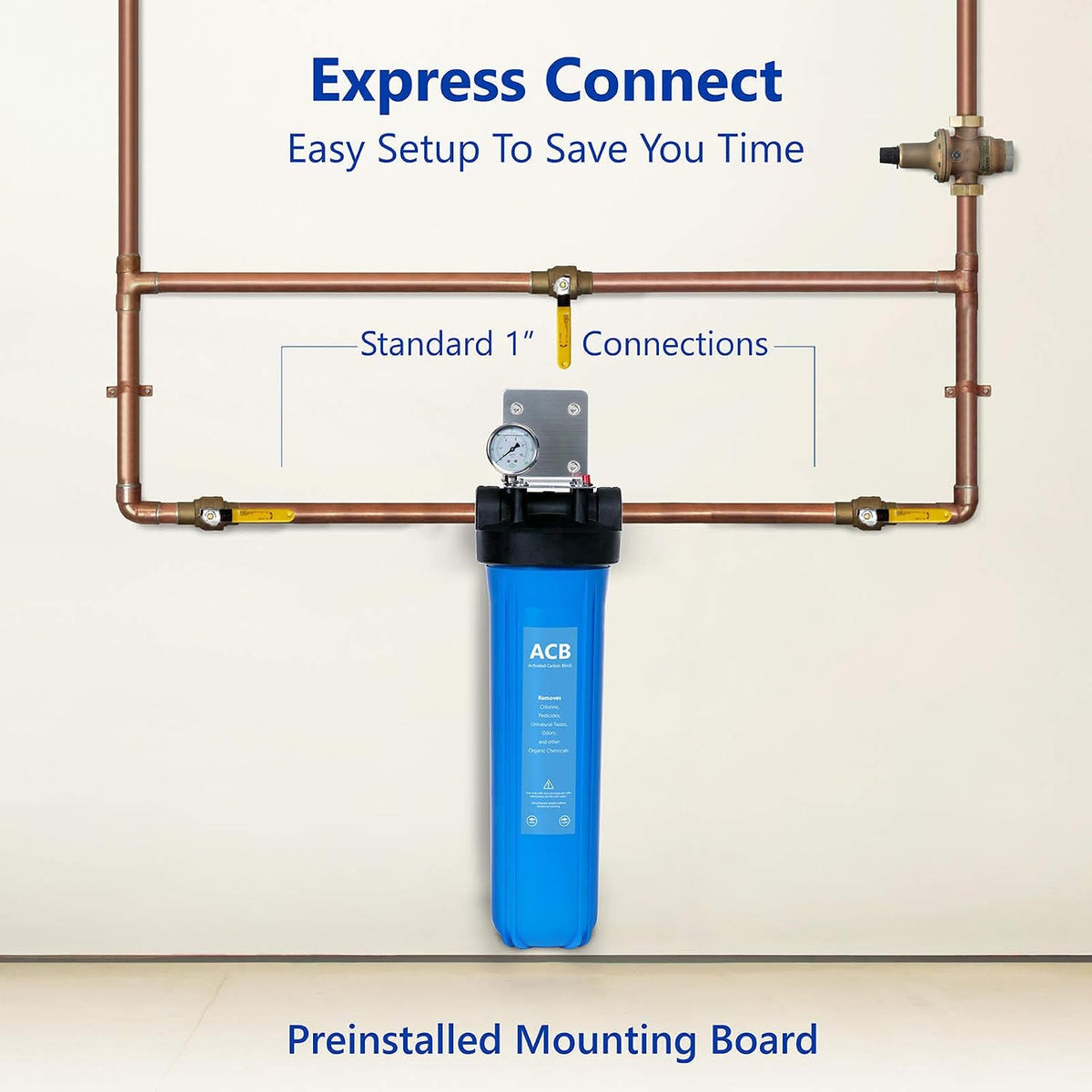 Express Water Whole House Water Filter, 1 Stage Home Water Filtration System, Carbon Filter, Includes Pressure Gauges, Easy Release, and 1 Inch Connections.