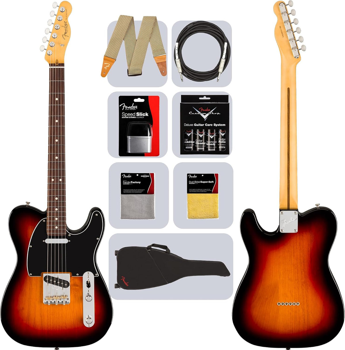 Fender American Professional Classic Telecaster - 3-Color Sunburst Bundle with Gig Bag, Strap, Cable, and Guitar Cleaning Kit