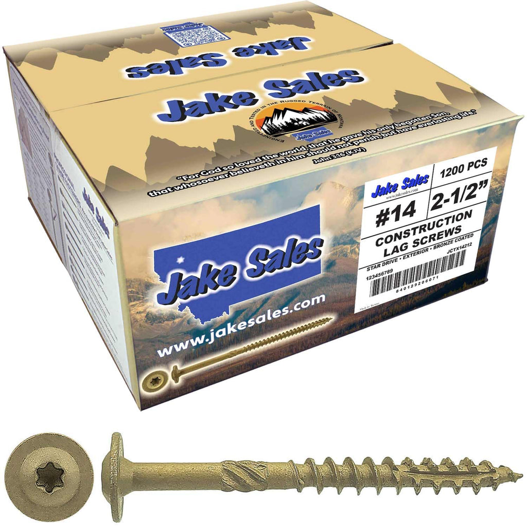 Jake Sales #14 x 2-1/2' Construction Lag Screw Exterior Coated Torx/Star Drive Heavy Duty Structural Lag Screw Far Superior to Common Lag Screws - 1,200 Screw Count. Modified Truss Washer Head