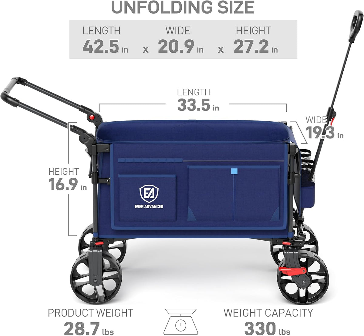 EVER ADVANCED Folding Push Wagon with Brakes, Portable Shopping Cart, Collapsible Wagon Cart with All-Terrain Big Wheels for Camping, Beach, Sports