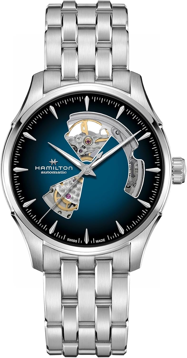 Hamilton Jazzmaster Open Heart Automatic Men's Watch, 40mm Stainless Steel Case, Swiss Made, Blue Dial Analog Wrist Watch, 50m Waterproof, Sapphire Crystal, 3-Hand Movement, Stainless Steel Strap
