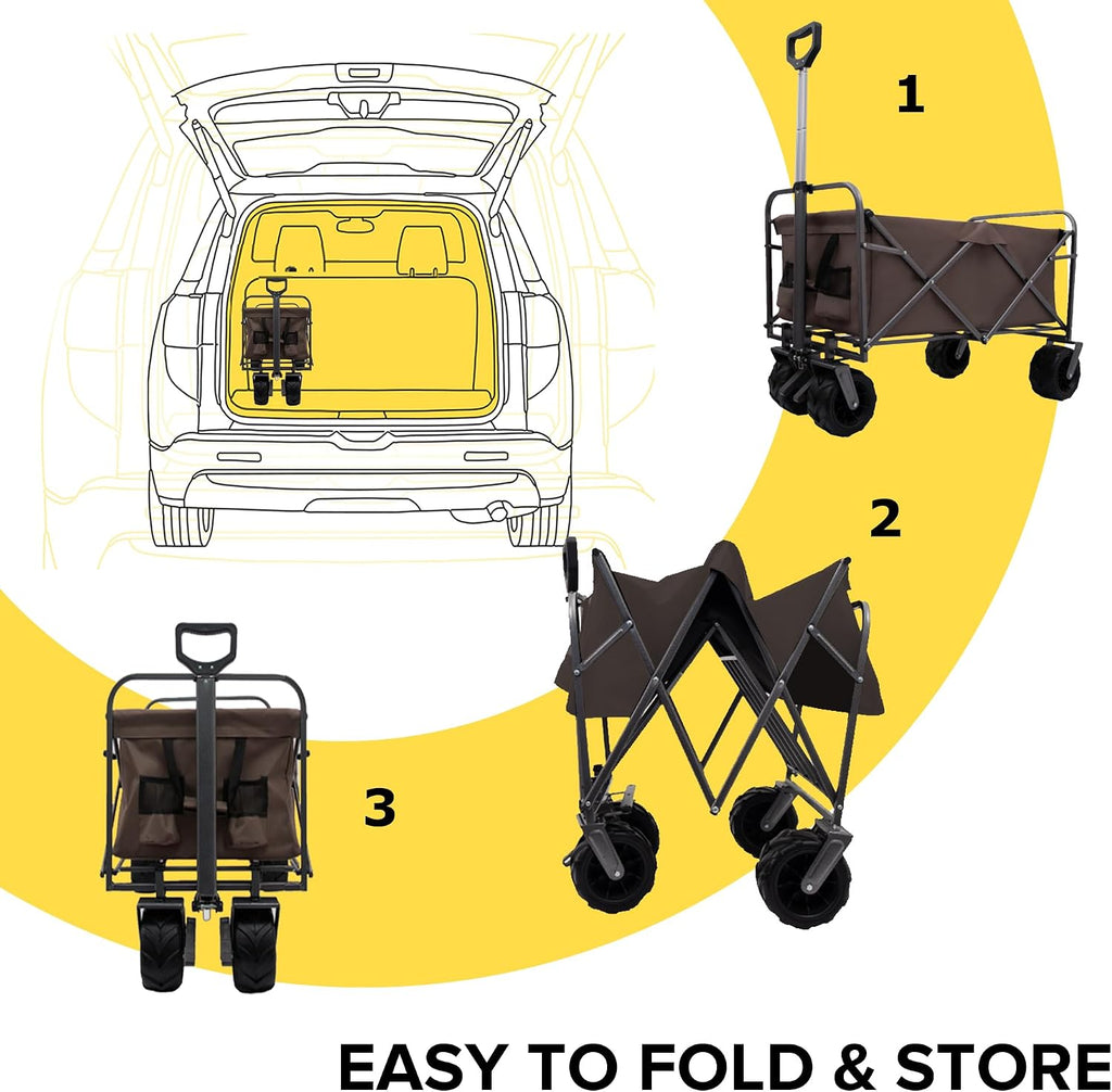 Collapsible Folding Wagon Cart, Portable Folding Beach Wagons with Wheels, Lightweight Utility Camping Wagon for Groceries, Shopping Sports Garden (Brown)