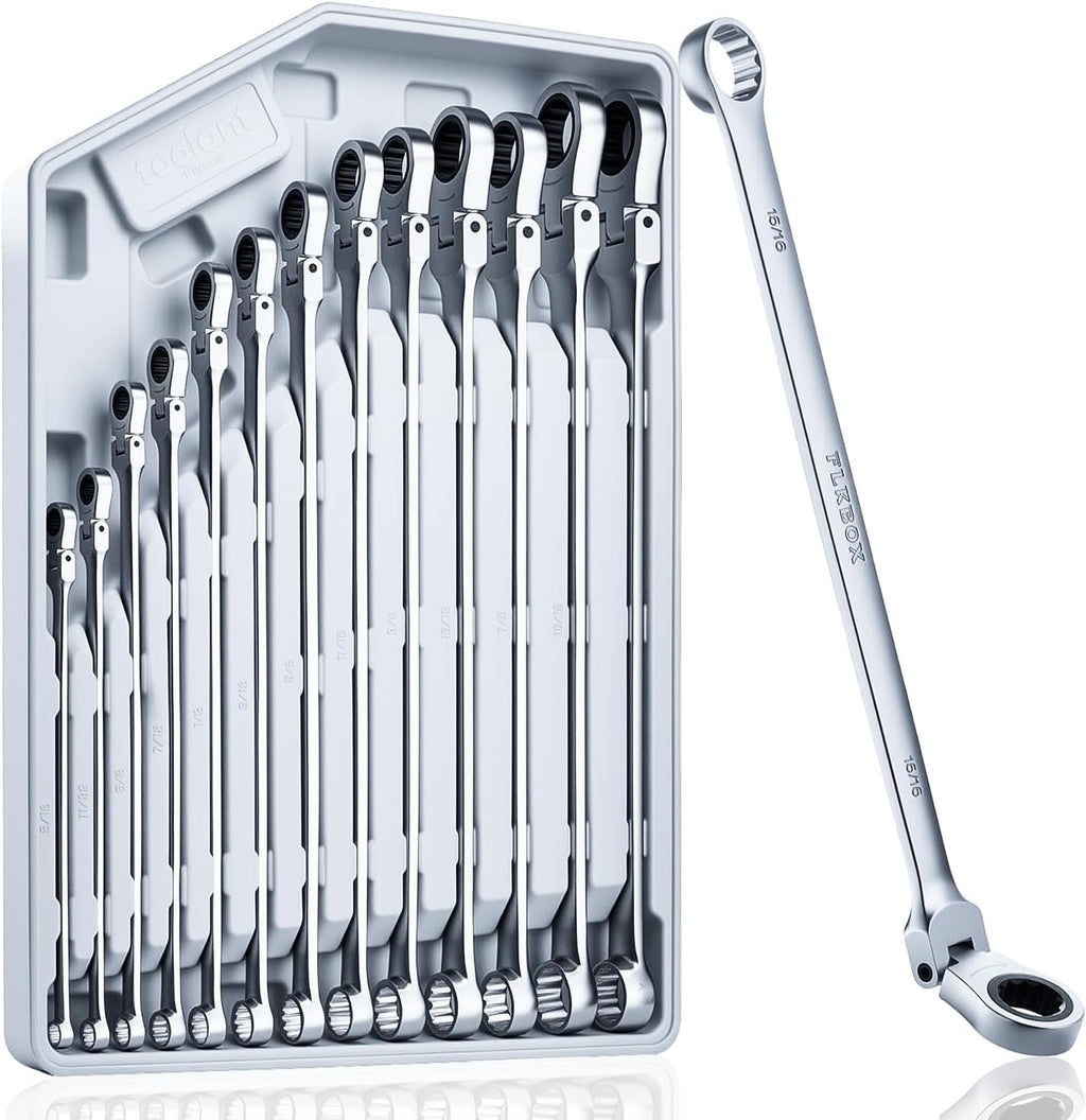 toolant Extra Long Ratcheting Wrench Set, Flex Head & Fixed Offset Head Double Box End Combination Wrench Set, CR-V Steel, SAE 5/16'-1', 13PCS with Storage Tray