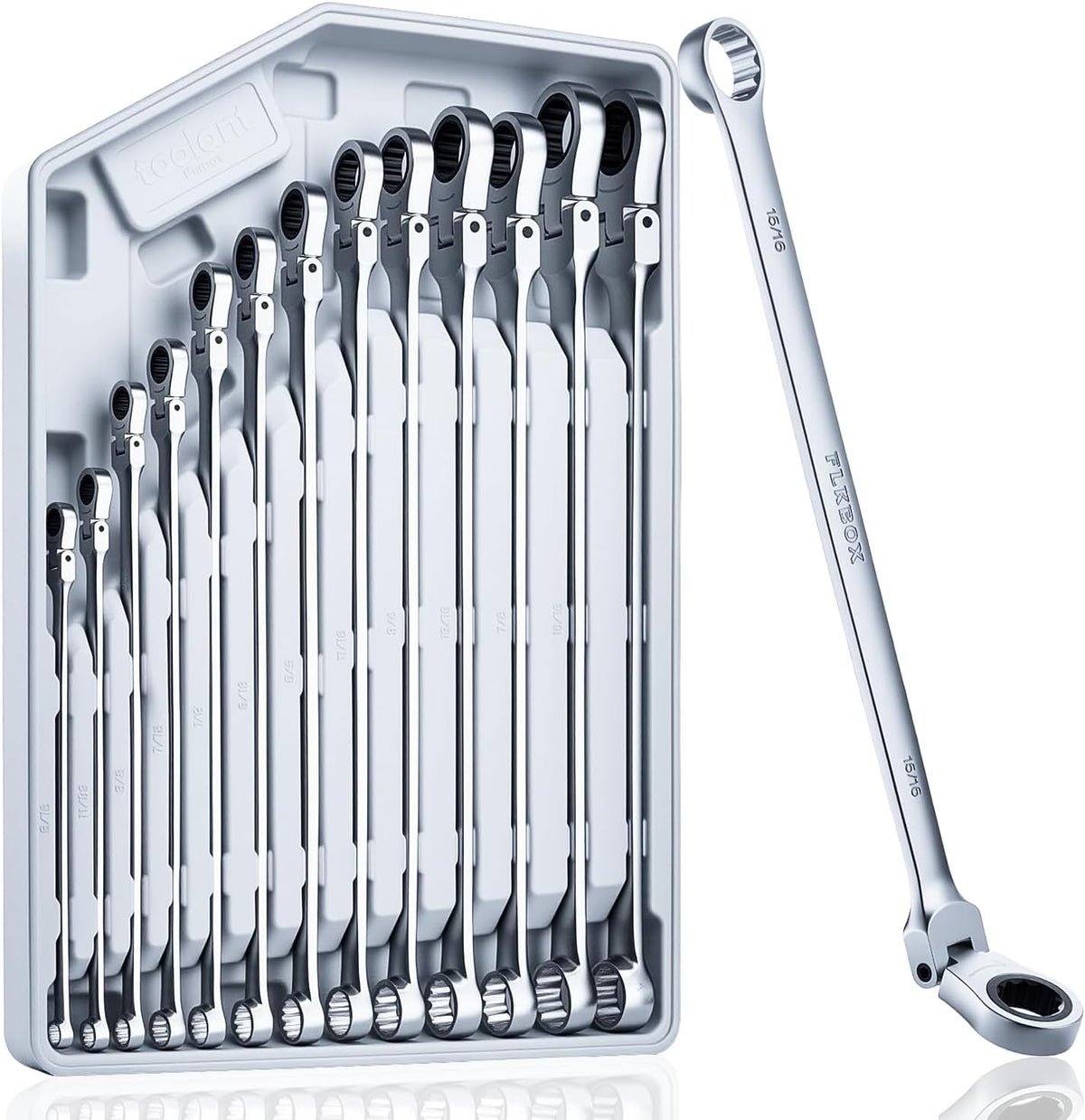 toolant Extra Long Ratcheting Wrench Set, Flex Head & Fixed Offset Head Double Box End Combination Wrench Set, CR-V Steel, SAE 5/16'-1', 13PCS with Storage Tray